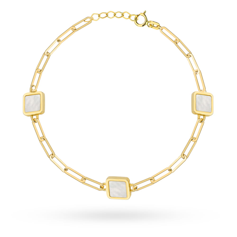 Bransoletka złota długie ogniwa i kwadraty z masą perłową
