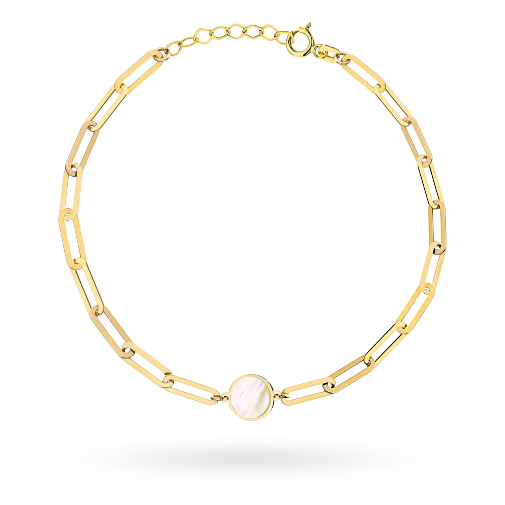 Bransoletka złota długie ogniwa i kółko z masą perłową