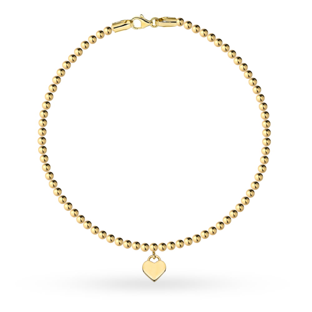 Bransoletka złota złożona z gładkich kuleczek i wiszącym sercem