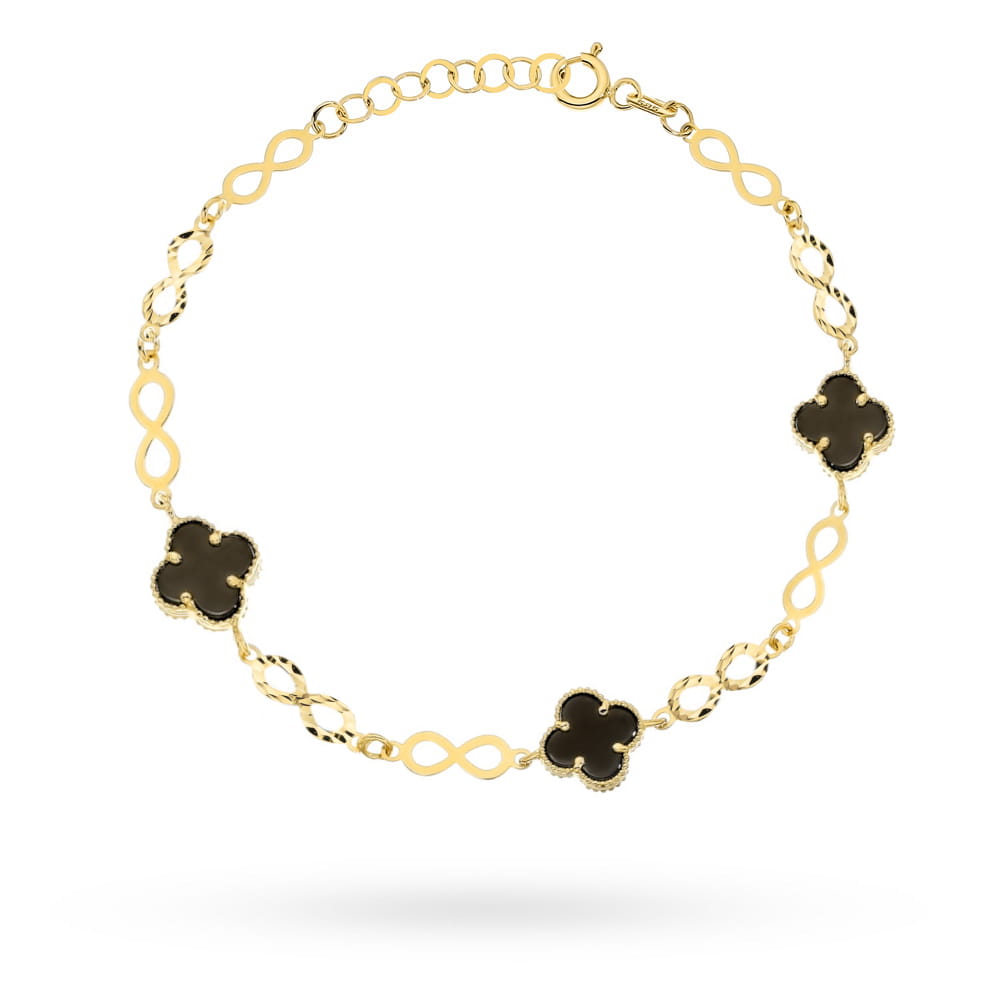 Bransoletka złota znaki nieskończoności i czarne koniczynki