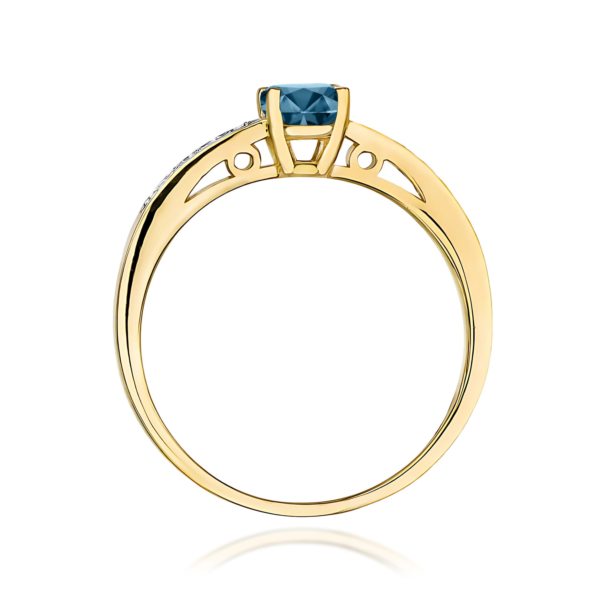 Złoty pierścionek z Topazem London Blue i brylantami na szynie