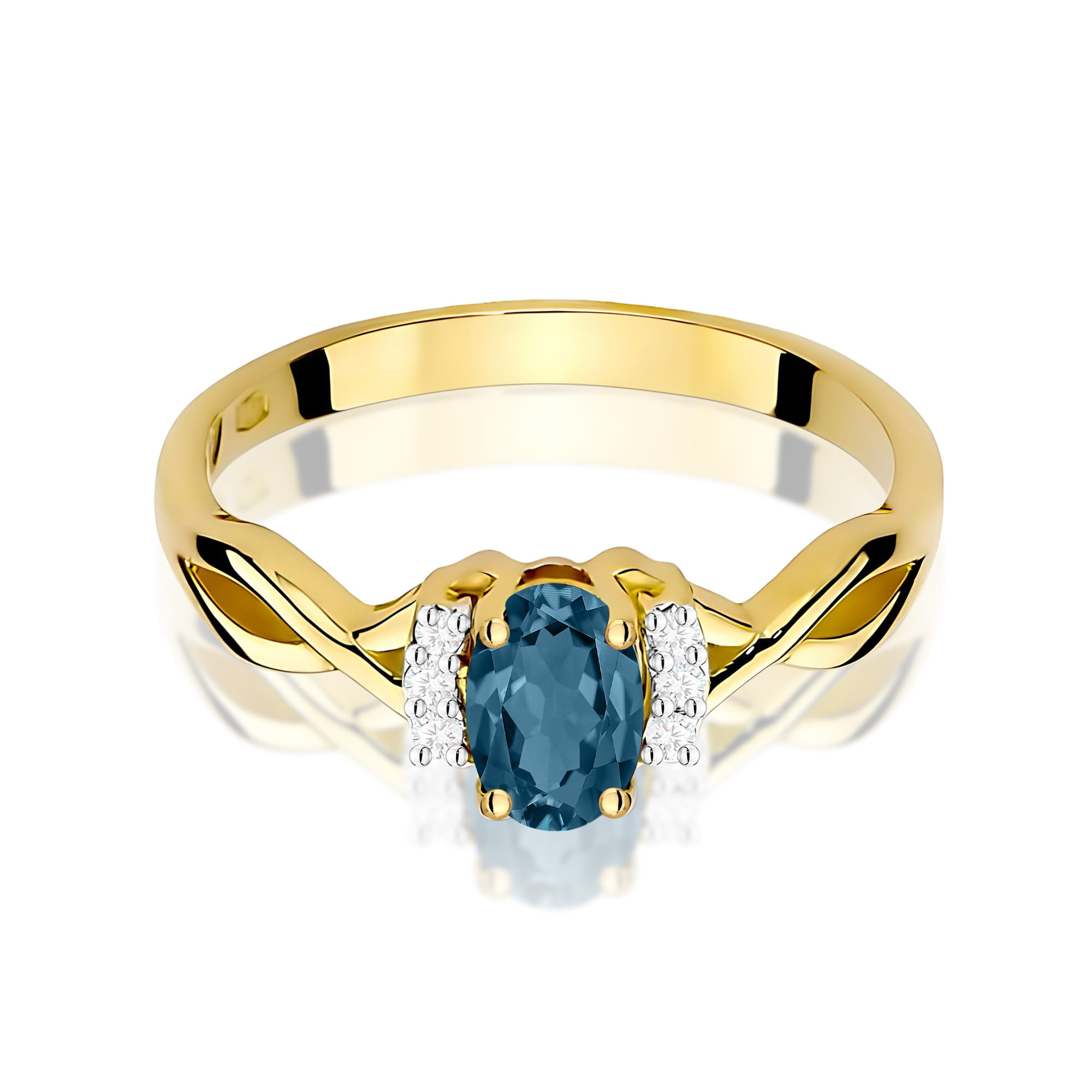 Złoty pierścionek z Topazem London Blue i brylantami ze skręconą szyną