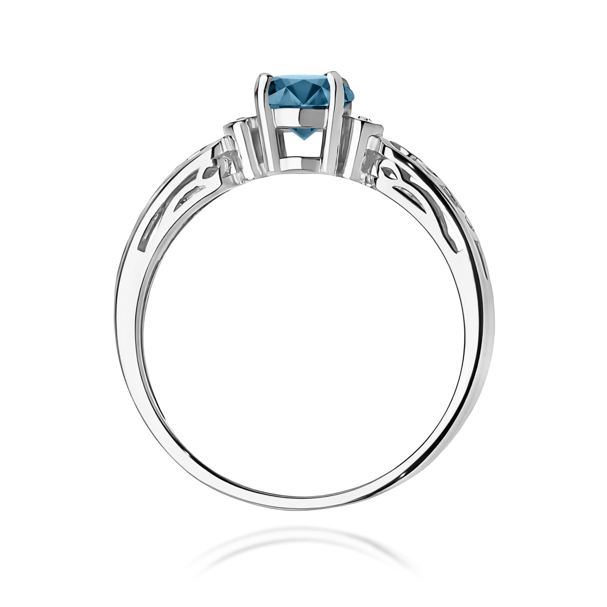Pierścionek z białego złota Topazem London Blue i brylantami z ażurową szyną