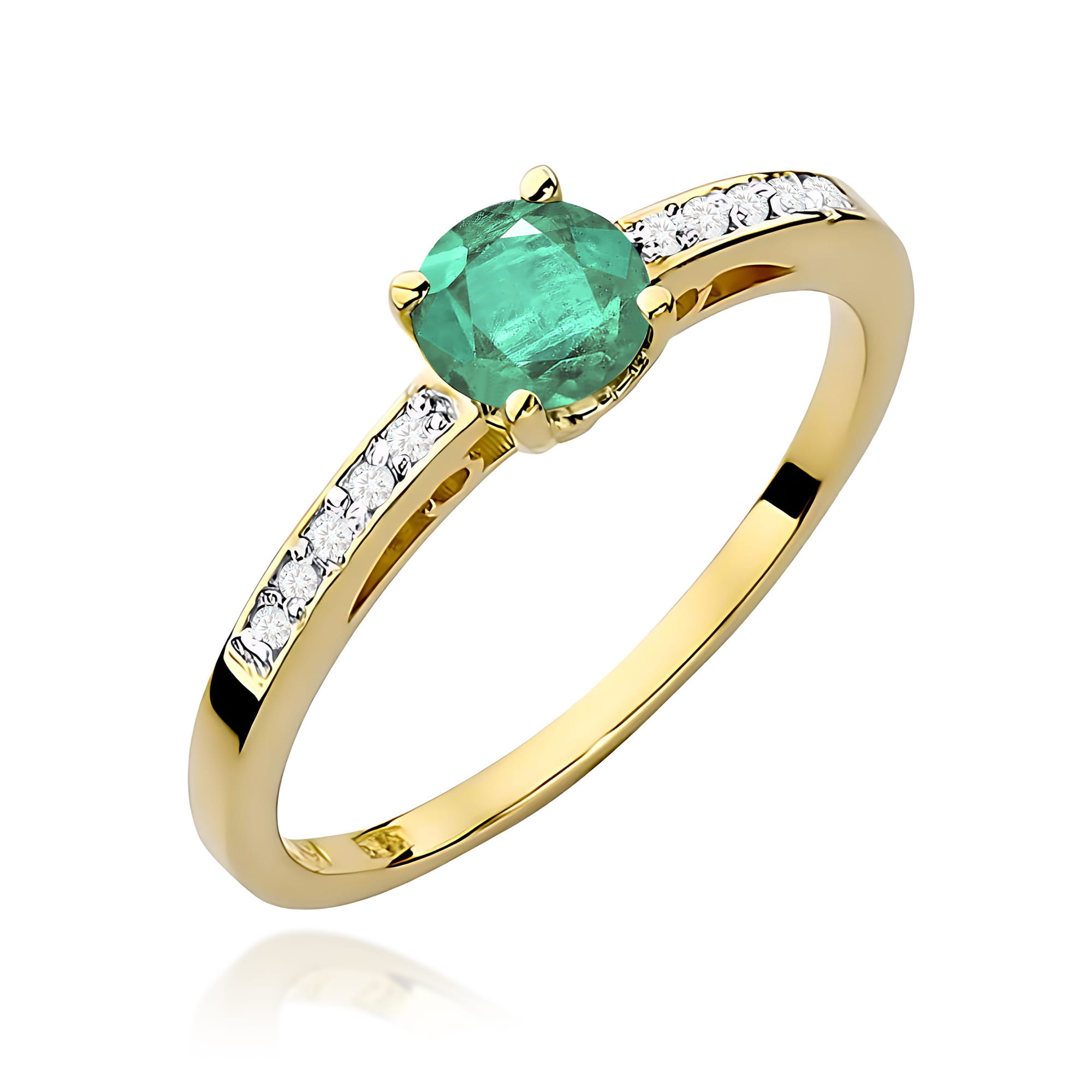 Złoty pierścionek ze Szmaragdem i brylantami na szynie