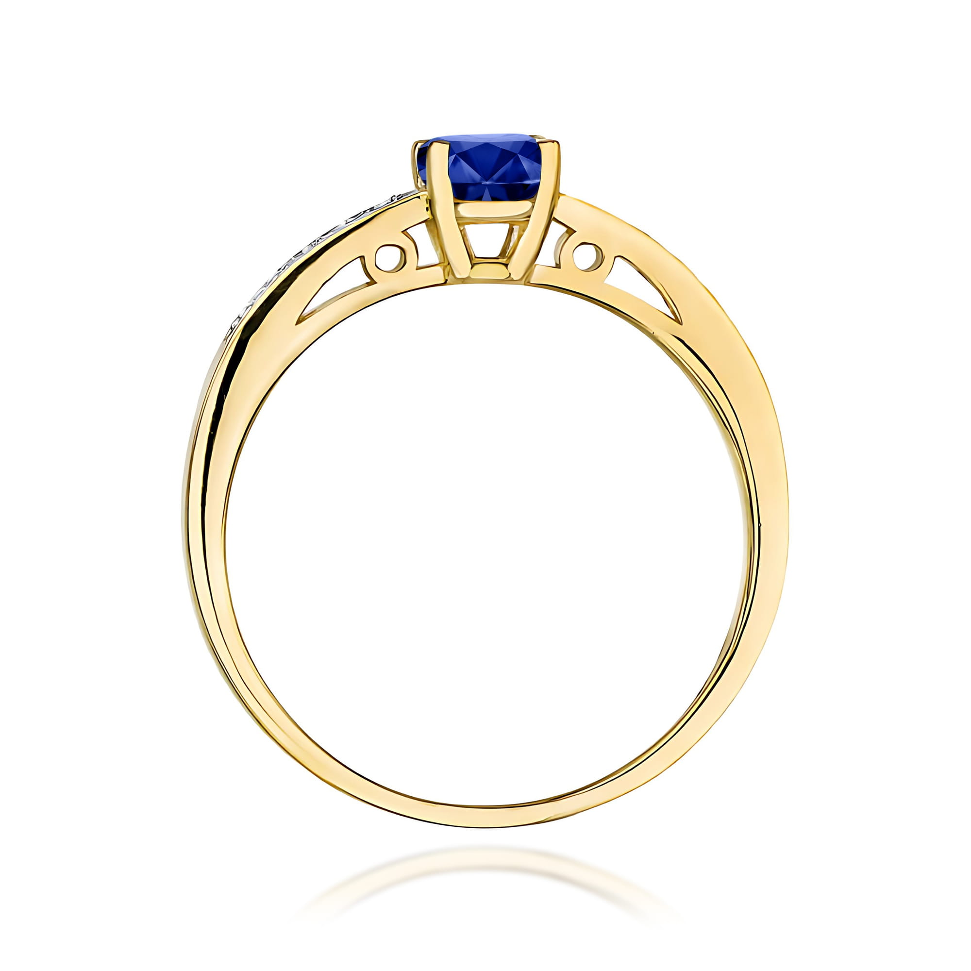 Złoty pierścionek z Szafirem i brylantami na szynie