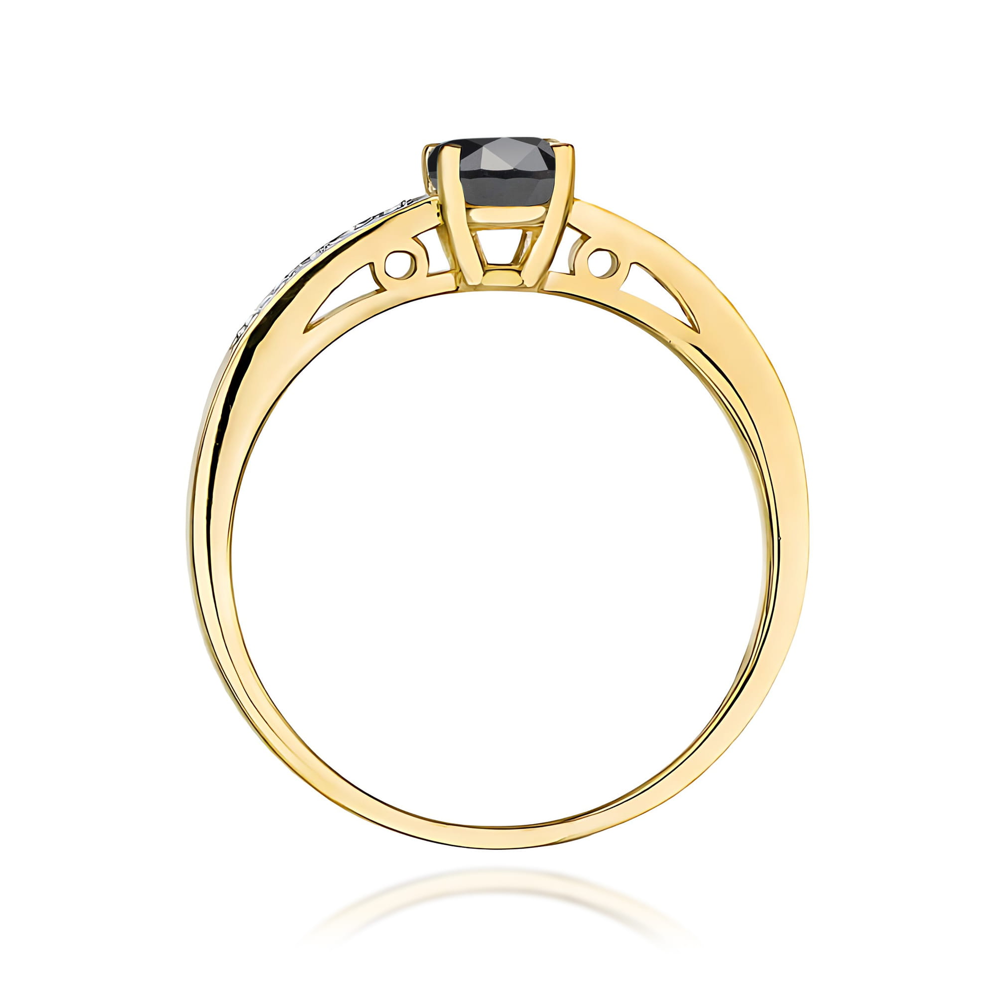 Złoty pierścionek z czarnym Brylantem i brylantami na szynie