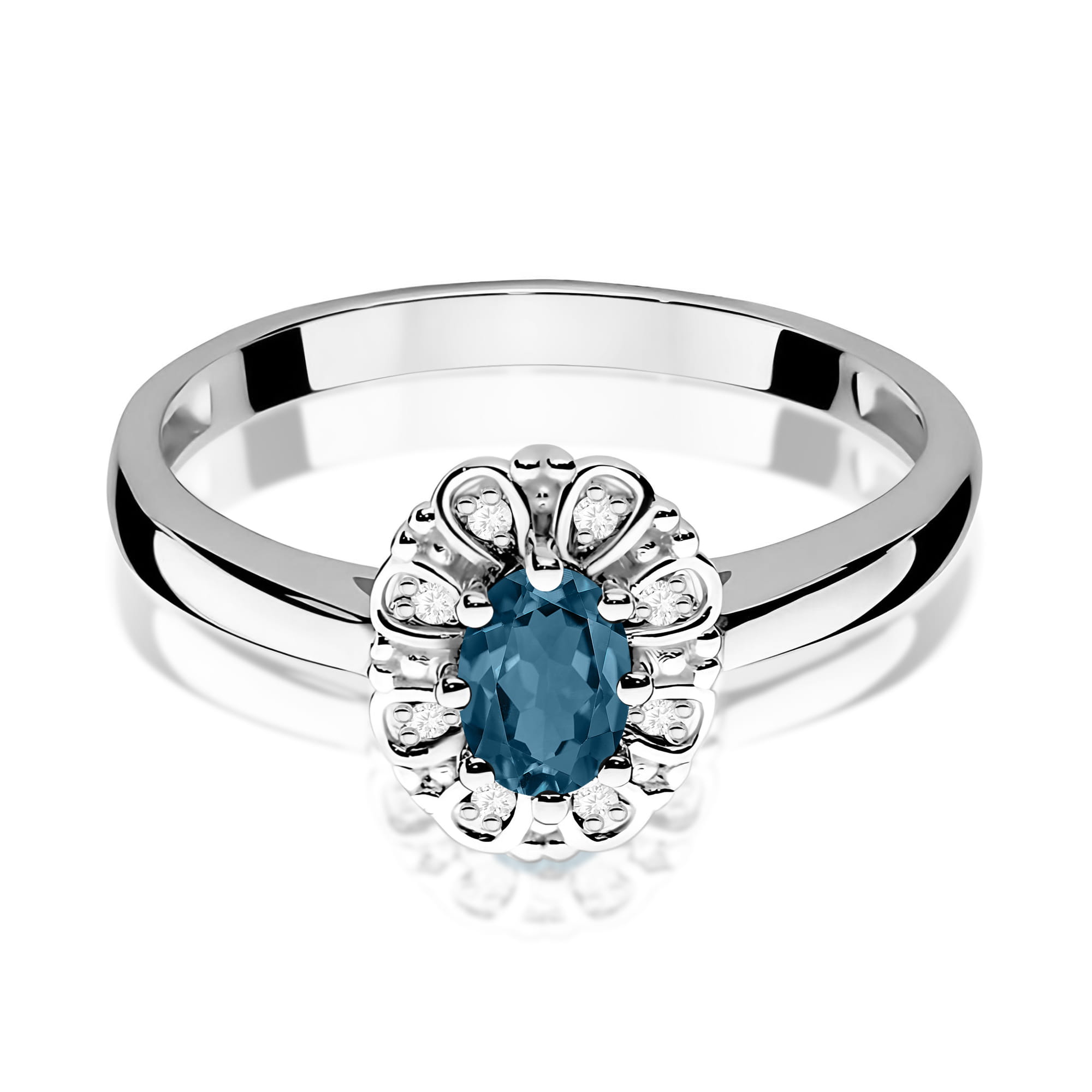 Pierścionek z białego złota z Topazem w ozdobnej oprawie z brylantami