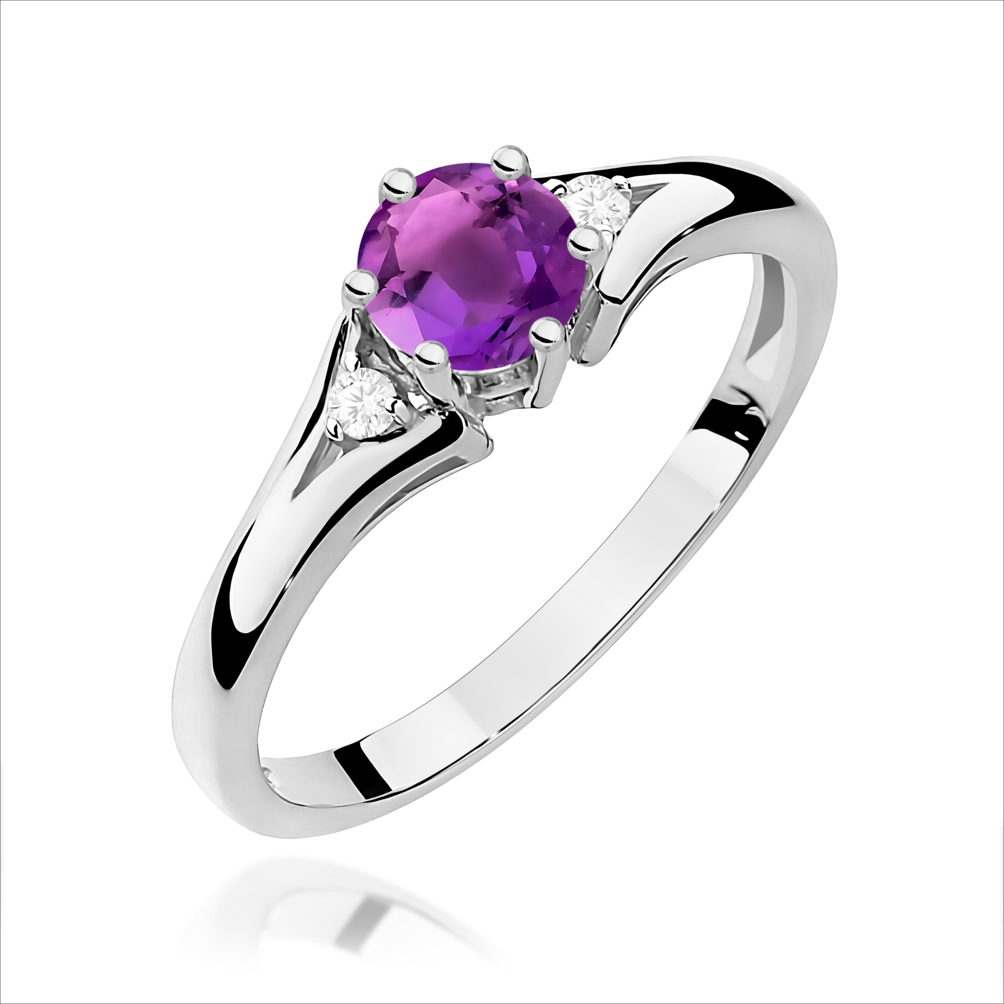Pierścionek z okrągłym Ametysemt 0,50ct oraz brylantami z białego złota