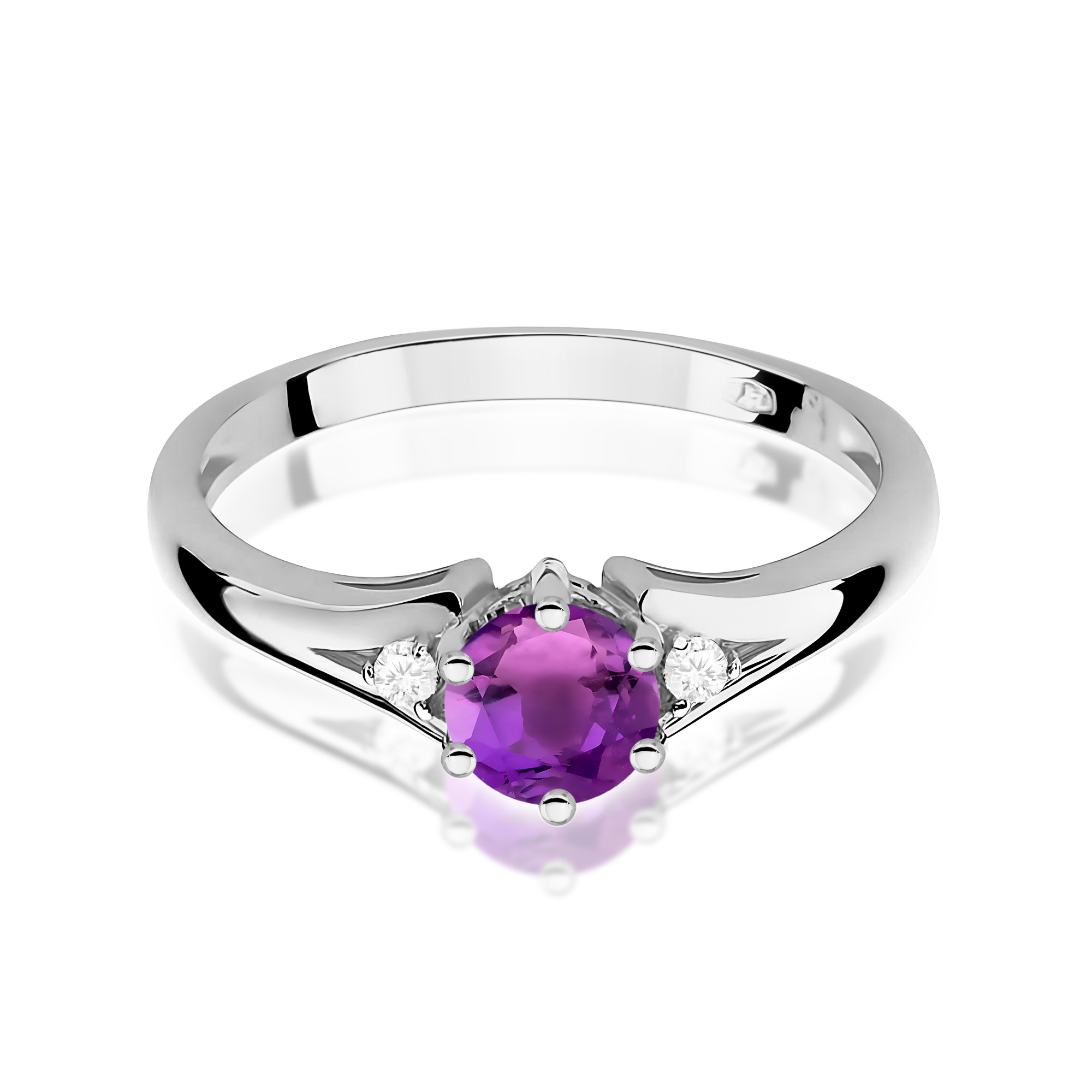Pierścionek z okrągłym Ametysemt 0,50ct oraz brylantami z białego złota