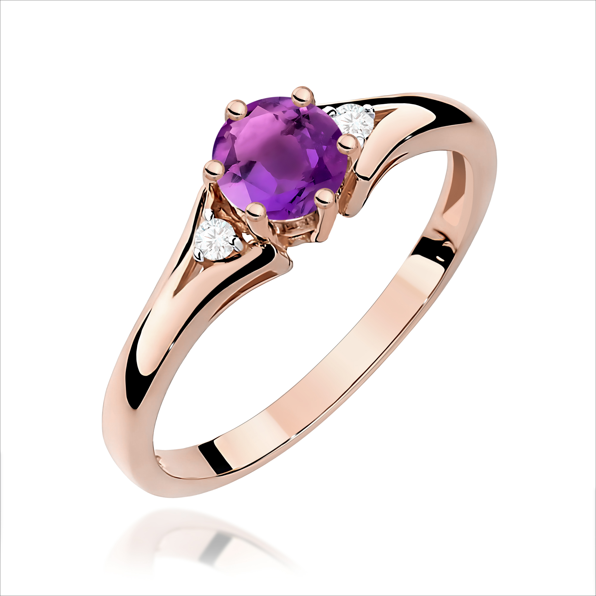 Pierścionek z okrągłym Ametystem 0,50ct oraz brylatami różowe złoto