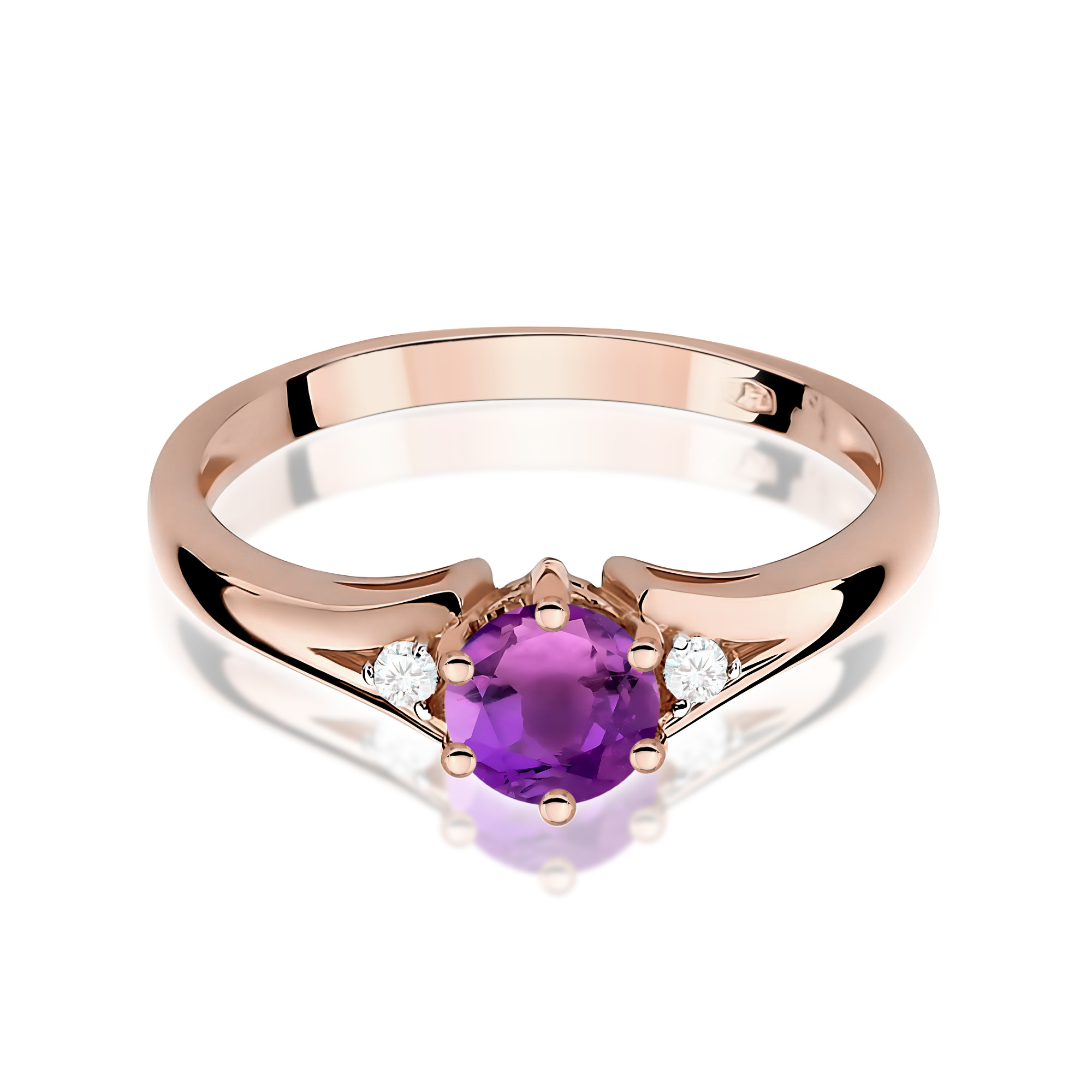 Pierścionek z okrągłym Ametystem 0,50ct oraz brylatami różowe złoto