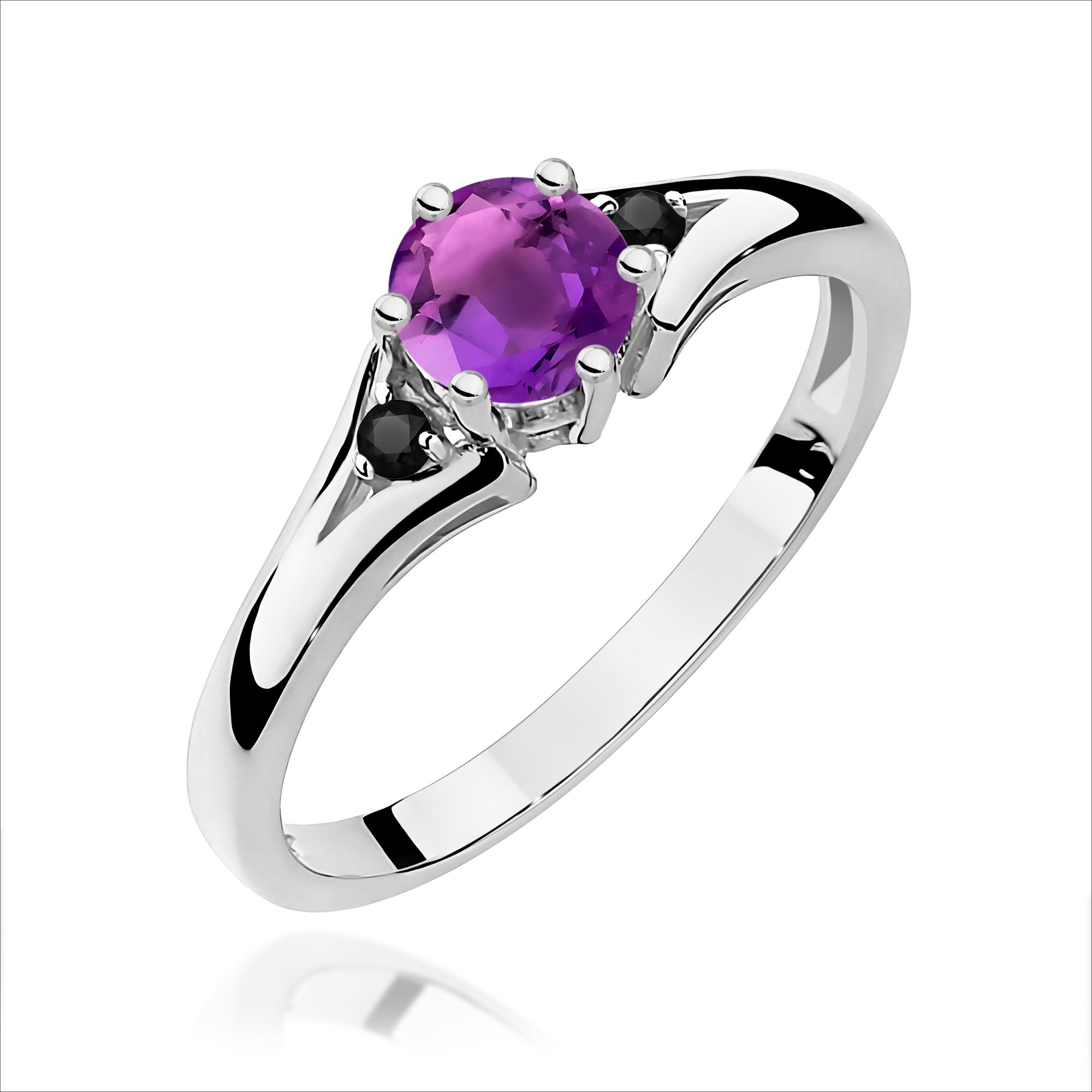 Pierścionek z białego złota z okrągłym Ametyst 0,50ct i czarnymi diamentami