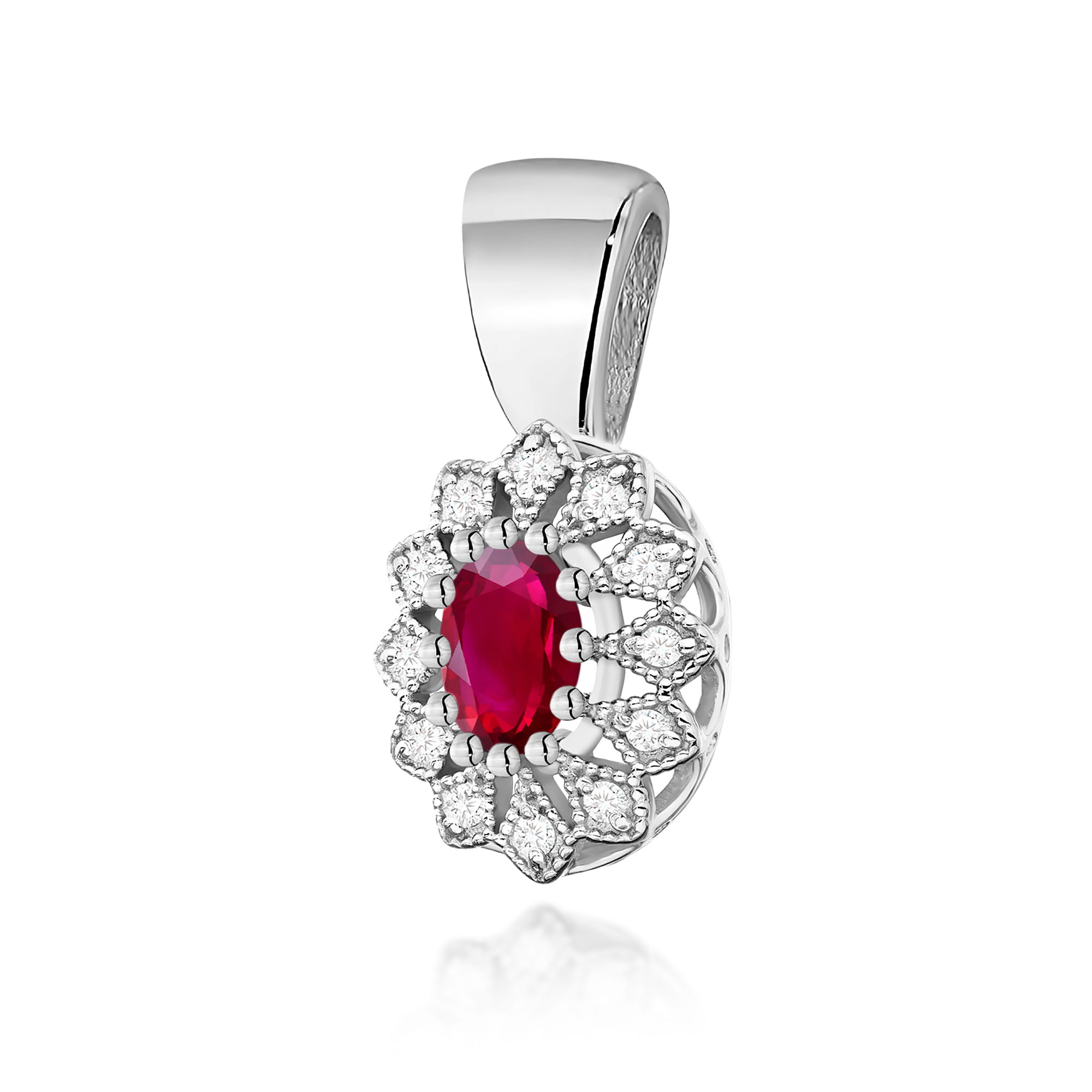 Zawieszka z Rubinem i Brylantami owalny kwiatek z białego złota
