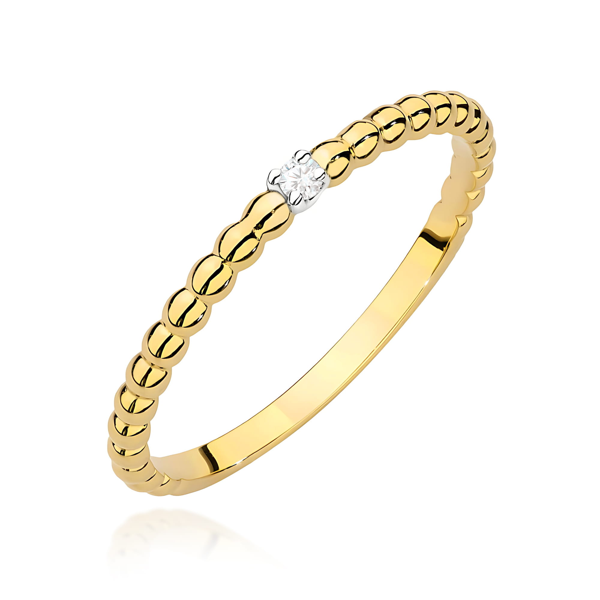 Pierścionek szyna z kuleczek Diament 0,02ct żółte złoto